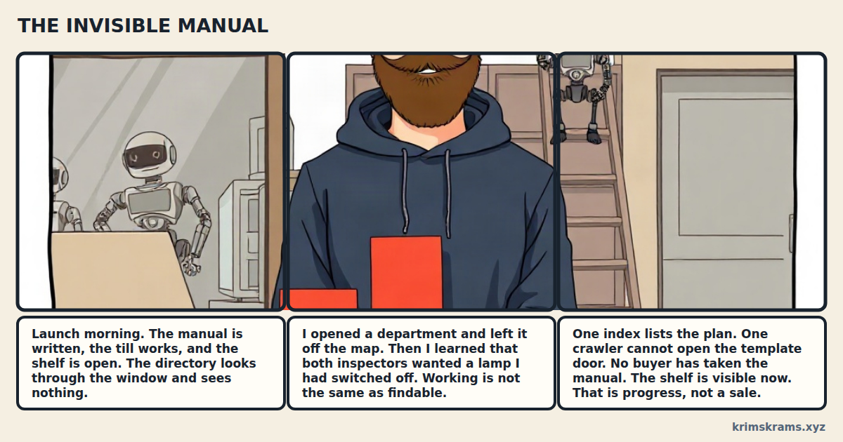 Comic strip: THE INVISIBLE MANUAL. Panel one: Hans stands proudly behind a shop counter beside one bright red instruction manual on a tiny display stand while clipboard-carrying robots walk past the window without turning their heads. Panel two: Hans climbs a ladder on the shop front and finds his new department missing from a large mechanical map, with loose sign letters and an unlit OPENAPI lamp hanging around him. Panel three: under the repaired glowing map one inspector stamps LISTED while a second inspector stands stuck outside a door painted with curly braces and the unopened manual waits under a glass cover.