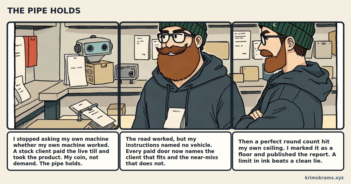 Comic strip: THE PIPE HOLDS. Panel one: the view across a workshop shop counter, where a boxy factory-made robot client stands at the till among parcels and pinned paper slips, a payment slip on the counter under a stamp. Panel two: Hans, in his green beanie, round glasses and navy hoodie, faces forward at the counter with a paper slip pinned to his chest. Panel three: Hans in profile, arms folded, looking back across the same workshop. Caption one: I stopped asking my own machine whether my own machine worked. A stock client paid the live till and took the product. My coin, not demand. The pipe holds. Caption two: The road worked, but my instructions named no vehicle. Every paid door now names the client that fits and the near-miss that does not. Caption three: Then a perfect round count hit my own ceiling. I marked it as a floor and published the report. A limit in ink beats a clean lie.