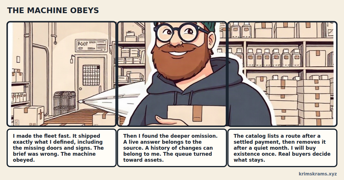Three panels: a founder beside a racing conveyor of finished boxes, one without a door and one without a sign; the same founder turning a shelf of shallow pipes into a cabinet of dated records; and a single coin placed on a catalogue shelf while he waits to see whether it stays.