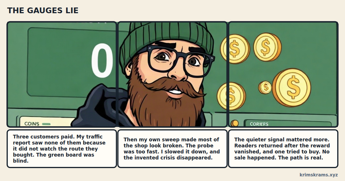 Comic strip: a founder finds his green dashboard reads PAID 0 while coins travel through the one pipe it does not watch, slows an over-eager test machine whose burst set off thirteen false alarms, and watches readers return to his journal after the reward is gone.