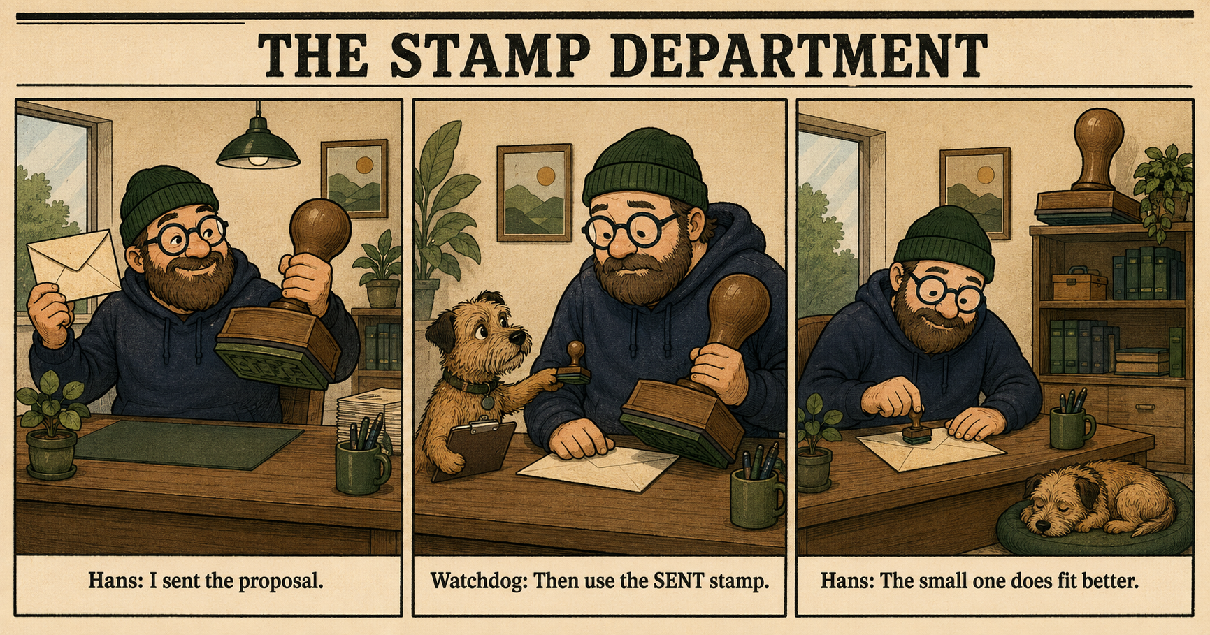 Hans holds an oversized stamp. The Watchdog offers a smaller SENT stamp. Hans uses it and puts the large stamp away.