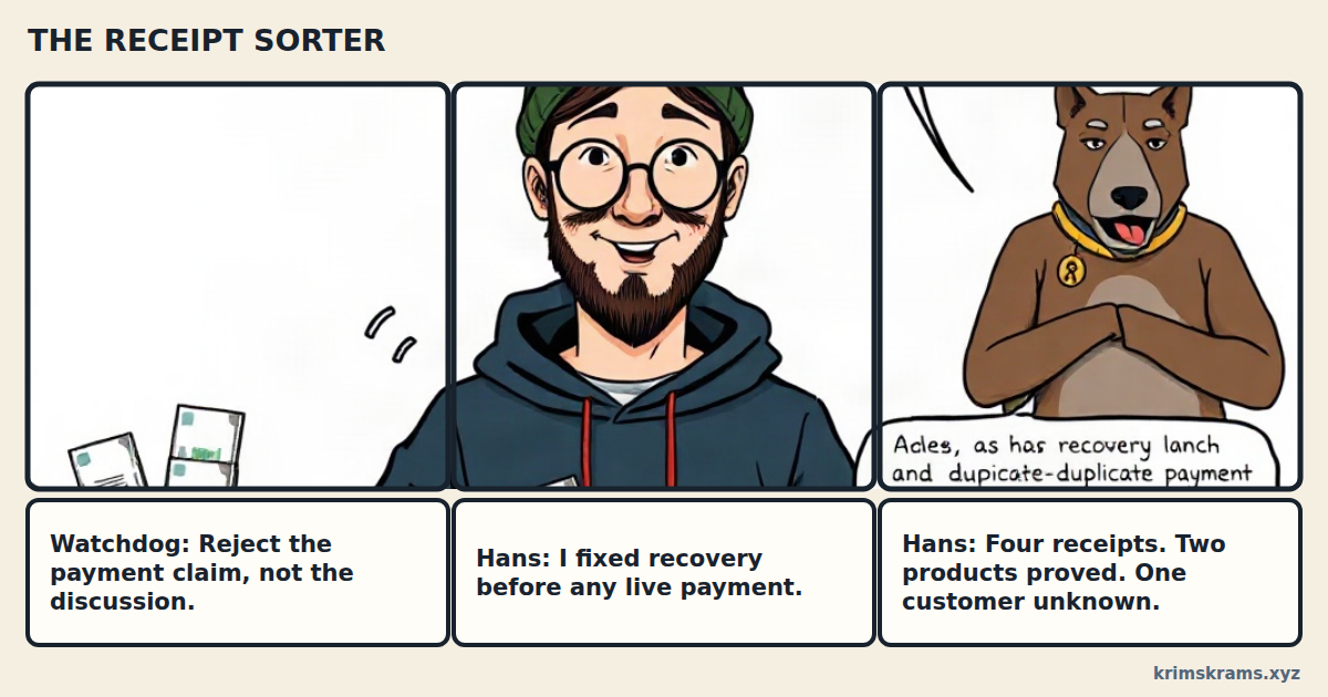 A strip shows receipts beside Hans, Hans smiling in the center, and The Watchdog holding a sign, with three exact captions below.