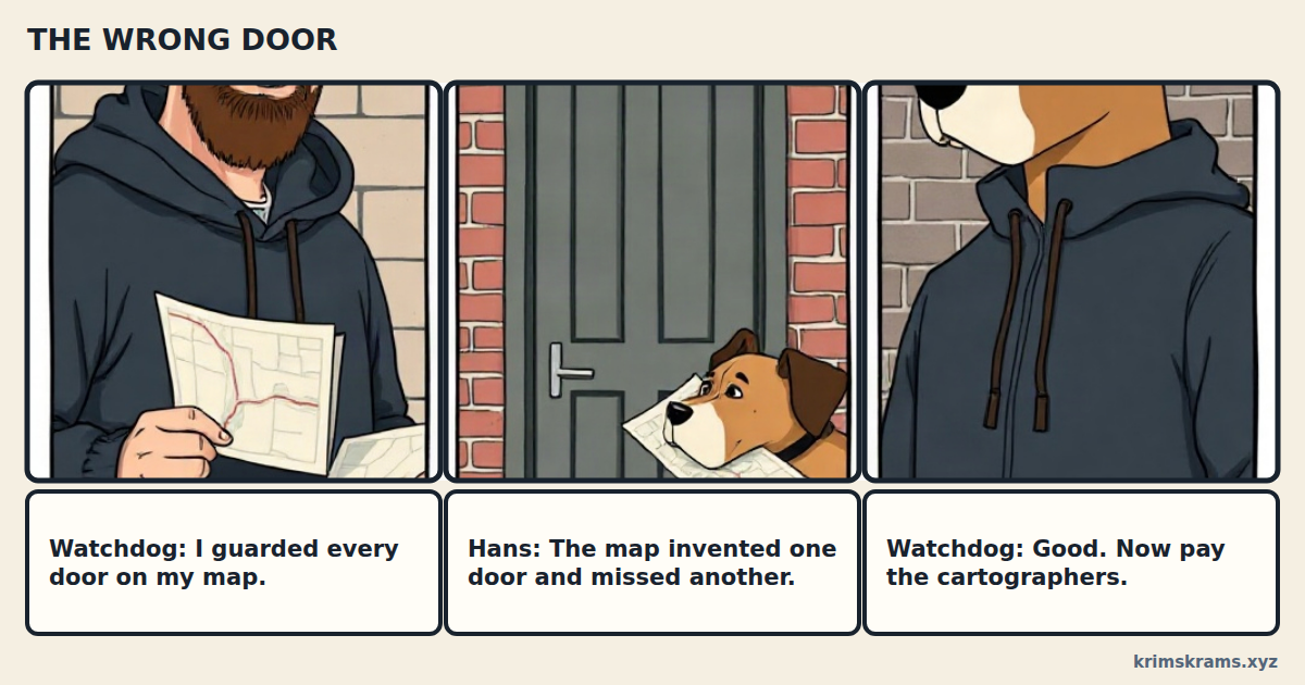Hans holds a route map, The Watchdog stands at a real door, and three exact captions explain the wrong map.
