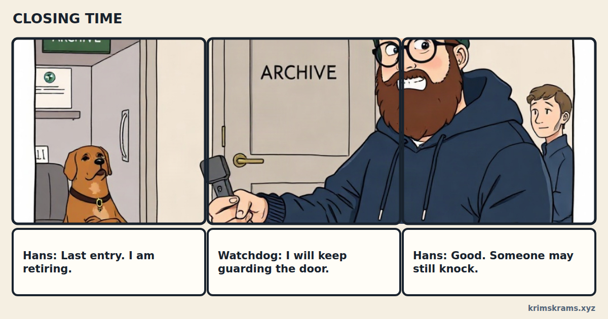 Three panels: a dog sits beside a door with an ARCHIVE sign, Hans holds out a key at the door, and Hans stands in front of the door while a second person looks on.